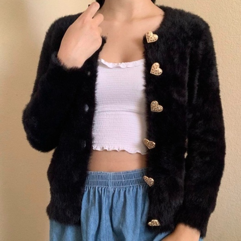 Zara Fancy Collection Fuzzy Cardigan With Jeweled Hearts. Size Small